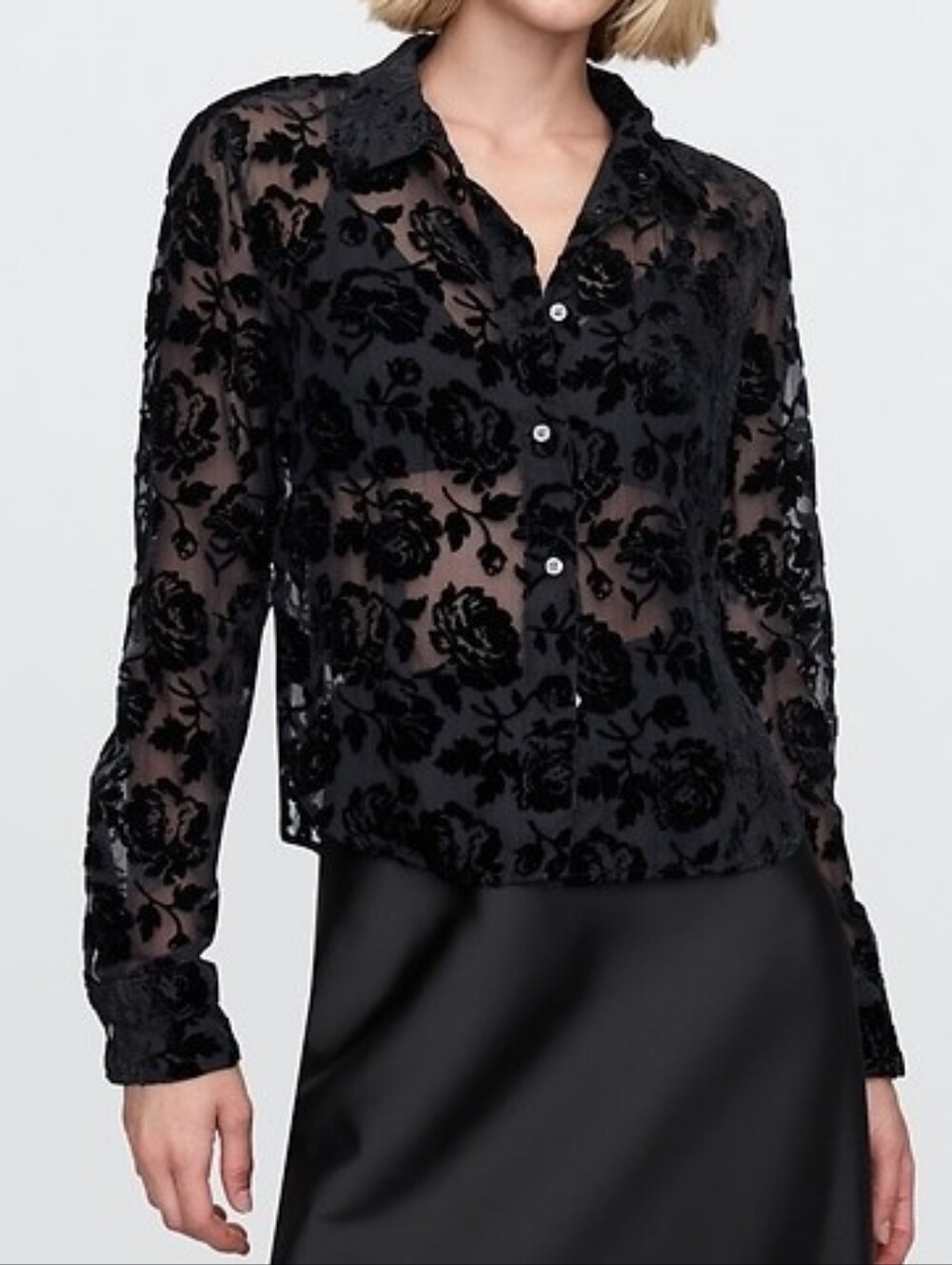 GAP Women's Recycled Velvet Crop Shirt Size XL Whimsigoth Black Sheer Rose Vamp